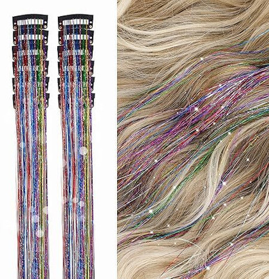 D-DIVINE 2Pcs  Tinsel Clip in Glitter Tinsel 24Inch  Tinsel (Colorful/2Pcs) Hair Extension