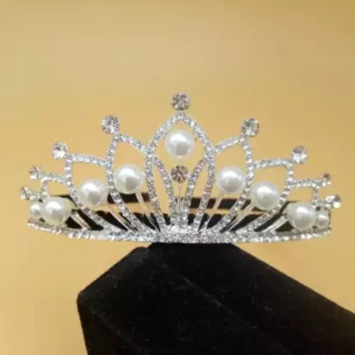 Rubela Latest Princess Pearl & CZ Crown Hair Accessory For Women & Girls Hair Band Hair Band(Silver)