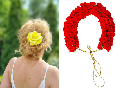 PSYCHFLORE RED ROSE GAJRA WITH YELLOW ROSE PIN SET OF 2 PC-T4 Hair Accessory Set(Multicolor)