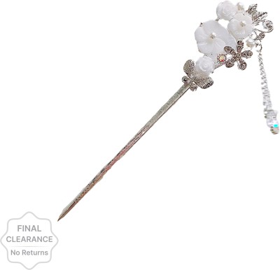 Rubela Ancient Style Pearl Metal Hair Stick For Women Girls-White Flower Bun Stick(White)