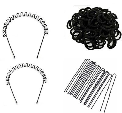 Sharum Crafts 2pc Zig Zag Hair Band 10 Black Hair Band & juda pin 10 Hair Accessory Set(Black)