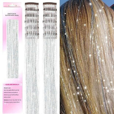 VIVIAN 2Pcs  Tinsel Clip in  Tinsel Clips Glitter Tinsel (2Pcs Silver) Hair Extension