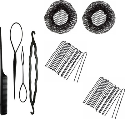 Sharum Crafts 4Pc Comb Set, 2Pc Juda Net Cover & 20 Juda Pin Hair Accessory Set(Black)