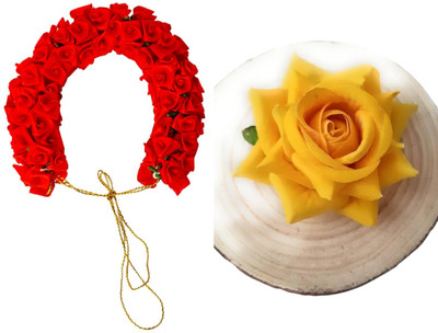 PSYCHFLORE RED ROSE GAJRA WITH YELLOW ROSE CLIP SET OF 2 PC-Y6 Hair Accessory Set(Multicolor)