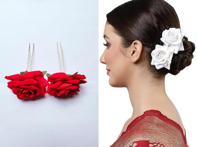 PSYCHFLORE RED ROSE PIN WITH WHITE ROSE PIN SET OF 4PC- Hair Accessory Set(Multicolor)