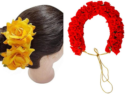 PSYCHFLORE RED ROSE GAJRA WITH YELLOW ROSE PIN SET OF 3 PC-Y4 Hair Accessory Set(Multicolor)