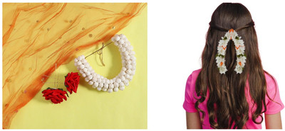 PSYCHFLORE FABRIC GAJRA WITH WHITE MOGRA & RED ROSE PIN SET OF 4 PC-S1 Hair Accessory Set(Multicolor)