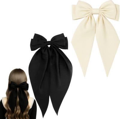Anna Stella Elegant Bow Hair Clips – Black & cream Satin Set for Women Hair Clip(Beige, Black)