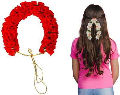 PSYCHFLORE RED ROSE GAJRA WITH WGO FABRIC GAJRA SET OF 2PC-E4 Hair Accessory Set(Multicolor)