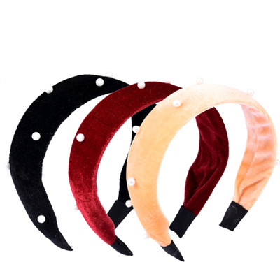NNR Velvet Pearl Headbands for Women & Girls – Soft Padded Hairband Set Head Band(Black, Maroon, Yellow)