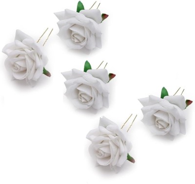 El Cabell 5pcs Women's Fabric White Rose Flower hair Pin For Party and Function Use Hair Pin(White)