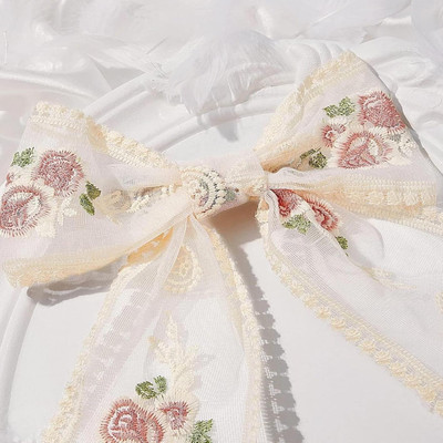 Alucia Large White Lace Flower Embroidery Bow Aligator Hair Clip Hair Clip(White)