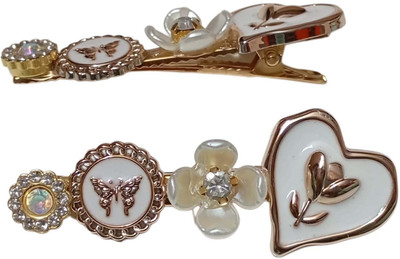 Alvero 2Pc Elegant Enamel & Gold-Tone Hair Side Pins for Women, Wedding Party Designer Hair Clip(White)