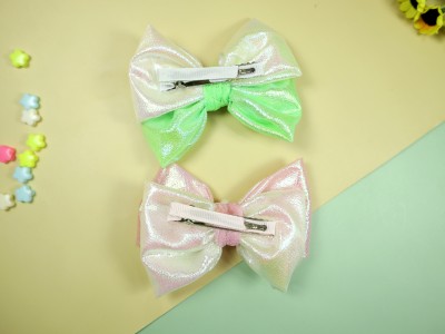 kamule Shimmer Glittery Thick Fabric Bow set of 2 Hair Clip(Green, Pink)