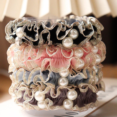 glamvibe Gold Embroidery Pearl Hair Scrunchies Set for Women & Girls Random color Rubber Band(Gold)