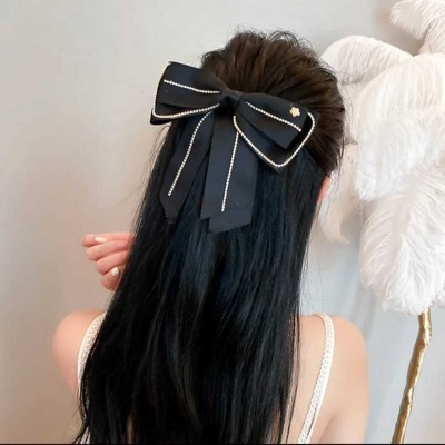 Cherry Wonders Velvet Hair Bow Hair Clips Large Bows with Pearl Rhinestone for Women & Girls Hair Clip(Black)