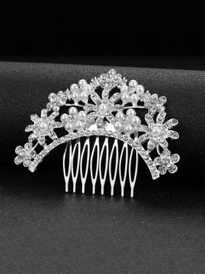 YELLOW CHIMES Studded Crown Shaped Floral design in Silver-Toned Glamorous Spark Comb Pin Hair Pin(White)