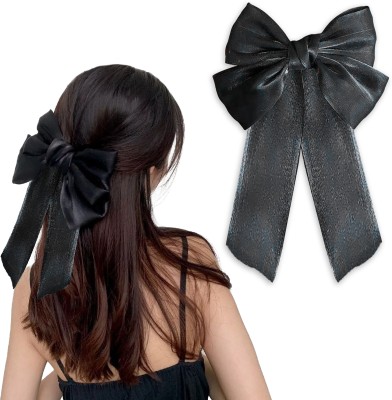 Lykaa Big Satin Layered Hair Bows for Women, Long Tail Ribbon Barrettes - Pack of 1 Hair Clip(Black)