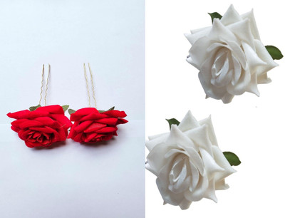 PSYCHFLORE RED ROSE PIN WITH WHITE ROSE CLIP SET OF 4PC-V Hair Accessory Set(Multicolor)