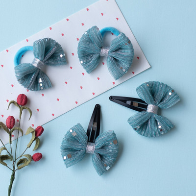 RibbonCandy 1 Pair shiny bow tic-tac pins and 1 pair matching bow rubberbands - Blue hair combo(Blue)
