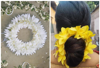 PSYCHFLORE WHITE FABRIC GAJRA WITH YELLOW ORCHID GAJRA SET OF 2 PC-0 Hair Accessory Set(Multicolor)
