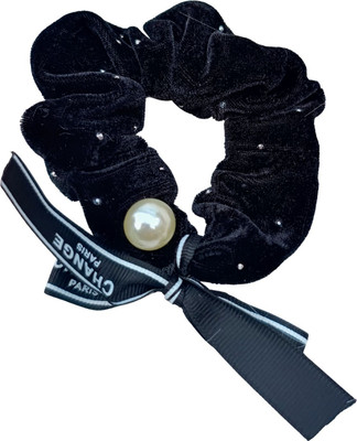 KAYPS WORLD Velvet Hair Scrunchies with Pearl & Ribbon | Elegant Women’s Hair Tie Rubber Band(Black)