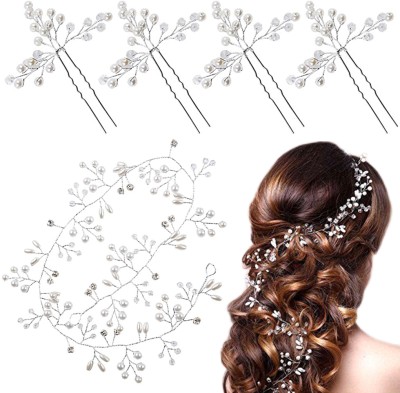 PALAY 5Pcs Bridal Hair Accessories Set Hair Pins, Pearl Metal Wedding Hair Vine Hair Pin(Silver)