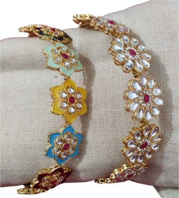 MARWARI TRADERS Golden Brass Kundan Flower Design Hairband/Mathapatti (set of 2) Hair Band(Gold, Multicolor)