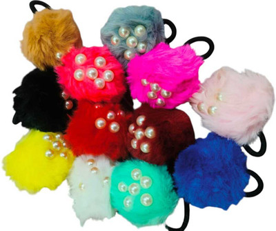 KOTTYKOTTY Fuzzy Hair Scrunchies with Pearl Beads Multi-Colour Pack of 12 Elastic Hair Ties Hair Band(Multicolor)