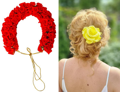 PSYCHFLORE RED ROSE GAJRA WITH YELLOW ROSE PIN SET OF 2 PC-T2 Hair Accessory Set(Multicolor)