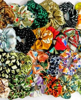 Misa Silky High Glossy Printed Satin Scrunchies for Girl & Woman Set of-12 Rubber Band(Multicolor)