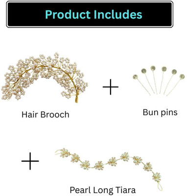 Be trendy Elegant Hair Accessory Combo Pack (Hair Brooch + Bun Pins + Pearl Long Tiara) Hair Accessory Set(Gold)