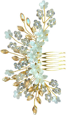 Be trendy Golden Bloom Crystal Hair Comb – Floral Pearl & Leaf Design Hair Accessory Set(Gold, Silver)