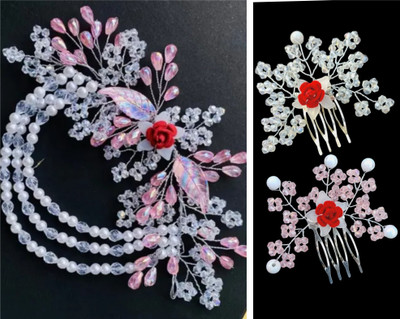 Lunox multicolour crystal tiara with pink & white 2 pic juda comb Hair Accessory Set(Multicolor)