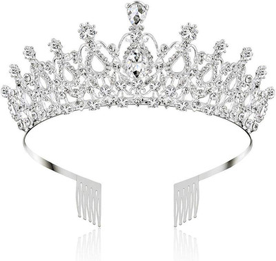 RVM Jewels Crystal Tiara Wedding Crown For Bride with Rhinestones Comb For Woman and Girls hair combo(Silver)