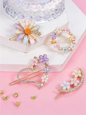 Sonpal 4Pcs Korean Stylish Multi Design Hair Clip & Flower Lock Pin Girls & Women Hair Clip(Gold)