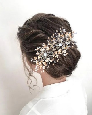 SAMYAK Studded Crystal Bridal Wedding Tiara Hair Vine Bridesmaid Hair Decoration Peach Hair Accessory Set(Gold)