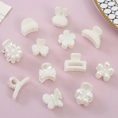 Radhya Accessories Mini Pearl Hair Claws (Pack of 10) Small Geometric Hair Clutchers Girls Women Hair Claw(White)