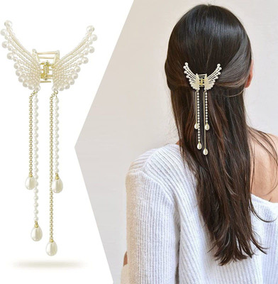 S K Bright Fancy Half Bun Hair Clips Accessories New Butterfly Pearl Tassel Hair Clips Hair Claw(Gold)
