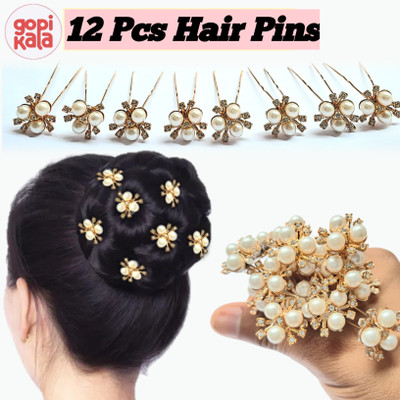 Gopikala Bridal Flower Crystal Hair Pins Clips for Women | Rhinestone & Pearl Hair Clips Hair Pin(Gold)