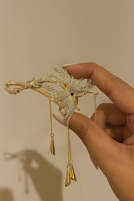 HNB23 Stylish Golden Rhinestone Banana Clip with Hanging Chains for Women & Girls Banana Clip(Gold)