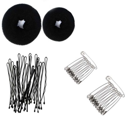 Sharum Crafts 2 Hair Donut, 24Pc Bobby Pin & 24 Steel Safety Pin Hair Accessory Set(Black)