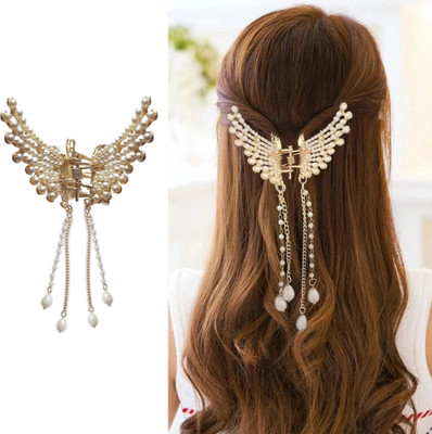Rajmart Global Butterfly Grip Fancy Korean Pearl Tassel Shark Metal Hair Clip For Women & Girls Hair Pin(White, Gold)