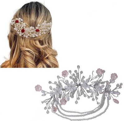 Xiaoqi Crystal Pearl Hair Tiara Stylish Rose Flower Rhinestone Headband, Juda Bun Tiara Hair Accessory Set(Red, White)