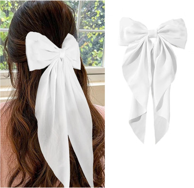 Dreamish Imitation Satin French Long Bow Hair Clip for Women Girls Hair Accessories- White Color C Hair Clip(White)