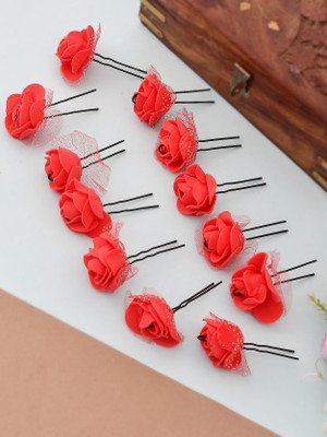 Silvermerc Designs Set of 10 Red Flower Hair Accessory Set Hair Accessory Set(Red)