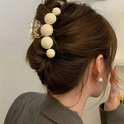 RosaStella 1PCS Elegant secured hair glossy beaded claw clip in soft Hair Claw(Beige)