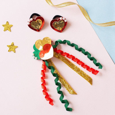 RibbonCandy Cute heart dangler on alligator pin & 1 pair rubberbands embellished with pearls Hair Accessory Set(Green, Red, Gold)