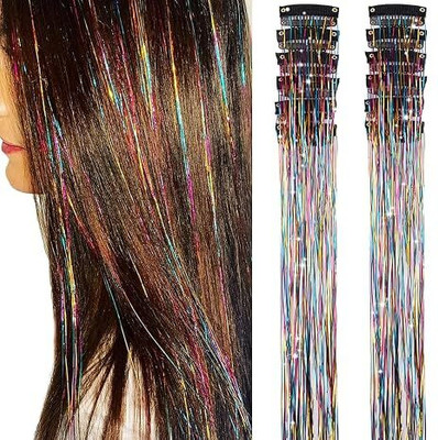 D-DIVINE 2Pcs Clip in  Tinsel, 24 Inch Glitter Tinsel  Extensions (Rainbow) Hair Extension
