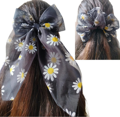 house of common Luxury Organza Long Hair Bow Clip for Women & Girls | Fancy Stylish Barrette Hair Clip(Black)